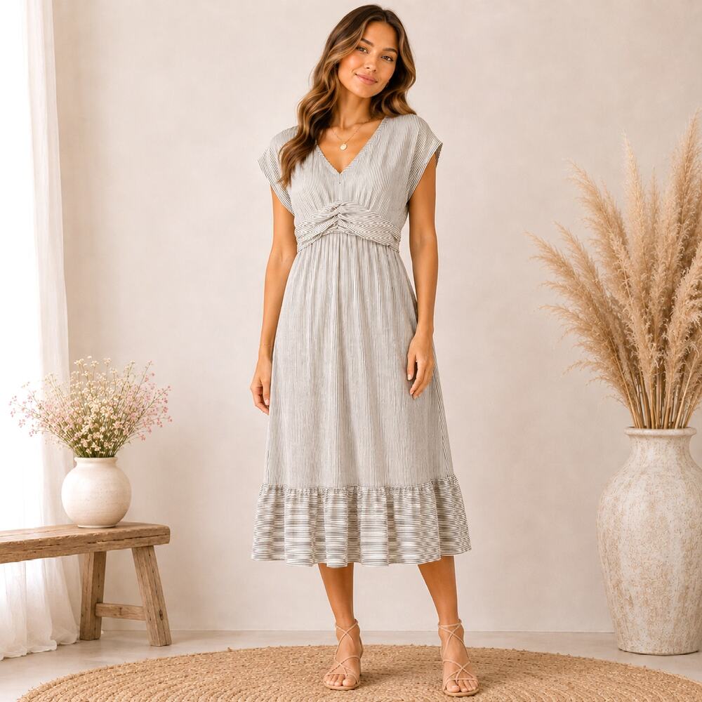 Adrienne Vittadini Dress Women's Size M Stripes Cap Sleeves Ruched Waist Casual